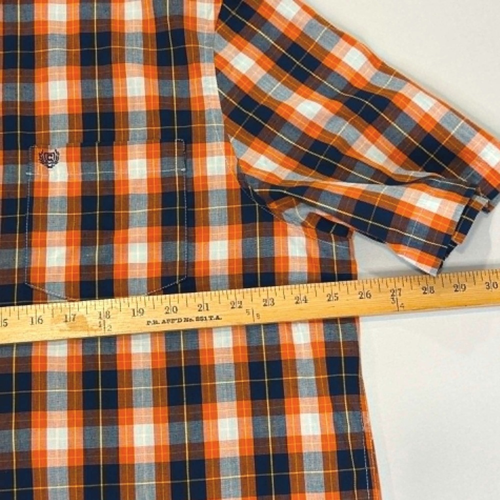 Chaps Mens XXL Easy Care Plaid Button Down Shirt Orange Navy Blue Short Sleeve - Picture 5 of 9